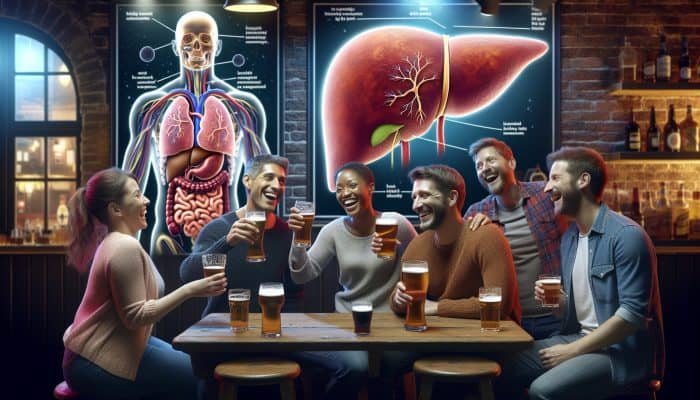 Why Are My Liver Enzymes High: Lively UK pub scene with friends clinking pints and laughing, contrasted by glowing inflamed liver illustrations symbolizing alcohol's harm.