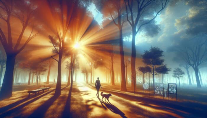 Routine Benefits For Mental Health With Pets: A person walks their loyal dog in a serene park at dawn, with soft sunlight filtering through trees, evoking joy and emotional stability.