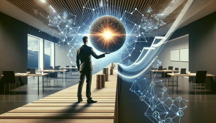 Professional merges tangled debt chains into glowing orb on bridge to stable career with rising graphs and serene horizon.