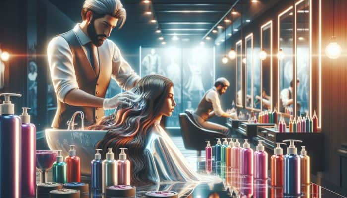 A professional hairstylist washes and conditions a client's long, wavy hair in a modern salon, surrounded by dye bottles and mirrors.