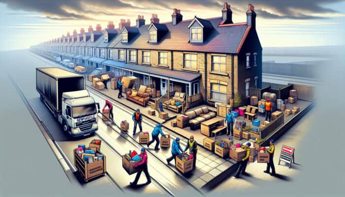 In Newcastle, a clearance team loads bulky furniture onto trucks and sorts items into labelled boxes under overcast skies.