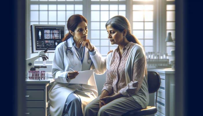 A doctor explains menopause blood test results to a thoughtful woman in a modern Halesowen clinic, surrounded by lab equipment and charts.