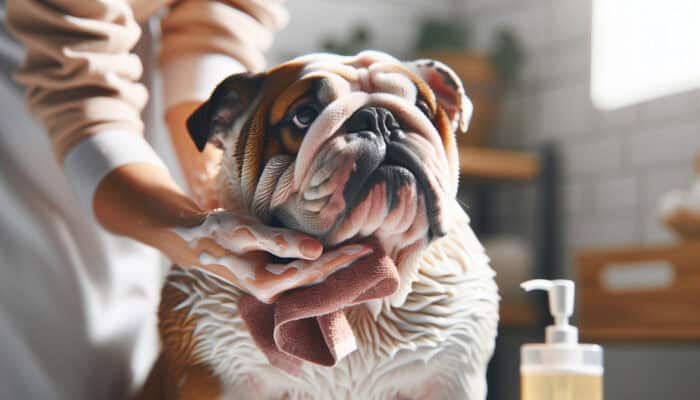 Bulldog Wrinkle Cleaning: A contented English Bulldog with deep wrinkles being gently cleaned by an owner using a soft cloth in a sunlit bathroom.