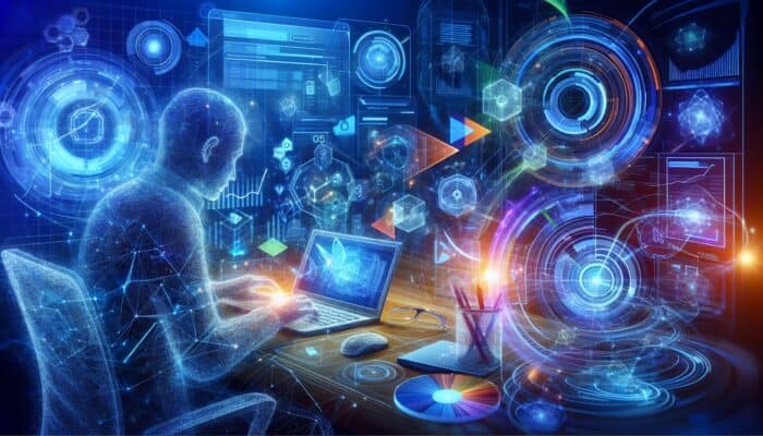 SEO expert examines competitor backlinks using Ahrefs, SEMrush, and Moz on luminous screens, surrounded by holographic charts and graphs in blue lighting.