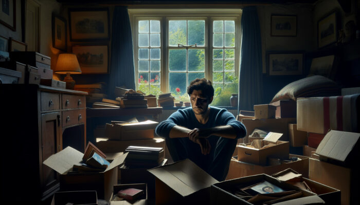 Grieving person surrounded by cluttered boxes of family photos in a dimly lit UK home, reflecting with grief as sunlight streams through a window to a tranquil garden.