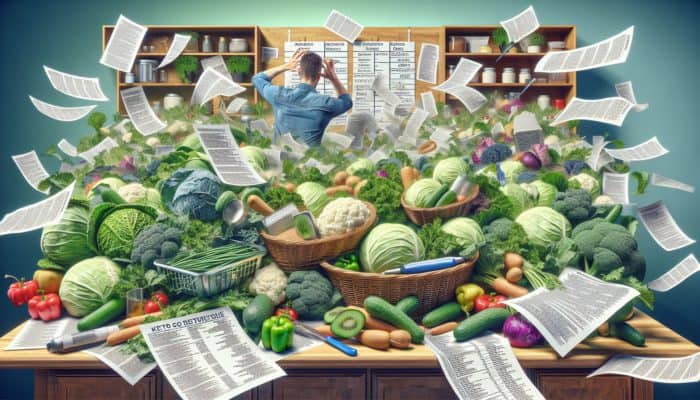 A cluttered kitchen counter overflowing with wilting keto produce like cabbage, as a frustrated cook reviews a messy meal plan.