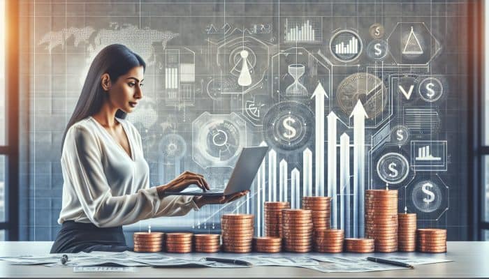 Comparing Debt Consolidation Loan Costs: Essential Guide | DCL A focused financial advisor reviews charts on a laptop in a modern office, with coins, a balanced scale, and upward arrows symbolizing savings and stability.