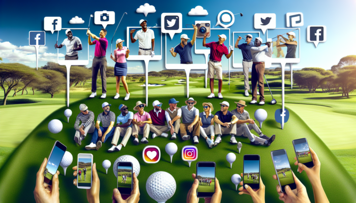 How to Start a Golf Social Media: Diverse golfers in Johannesburg gather on a lush green course, sharing photos on smartphones via Instagram and Facebook icons under a blue sky.