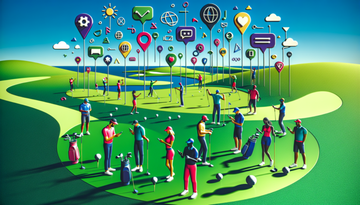 Diverse golfers on a lush Durban course, using smartphones to engage with Facebook and Instagram, sharing tips under a sunny sky.