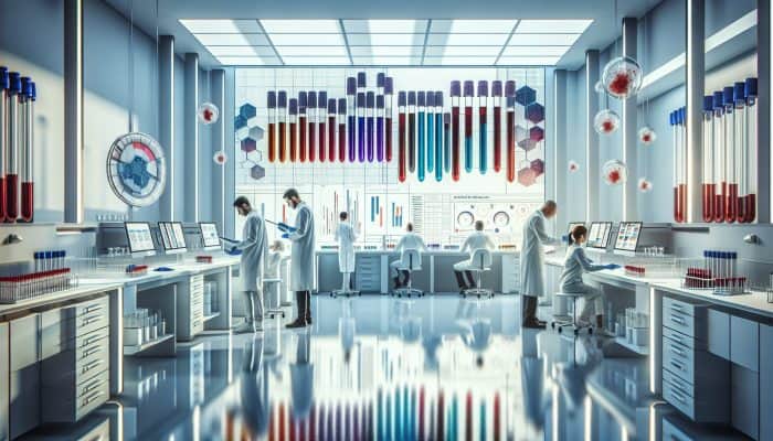 Doctors in white coats examine blood test results on digital screens, surrounded by test tubes and a timeline chart for health checks.