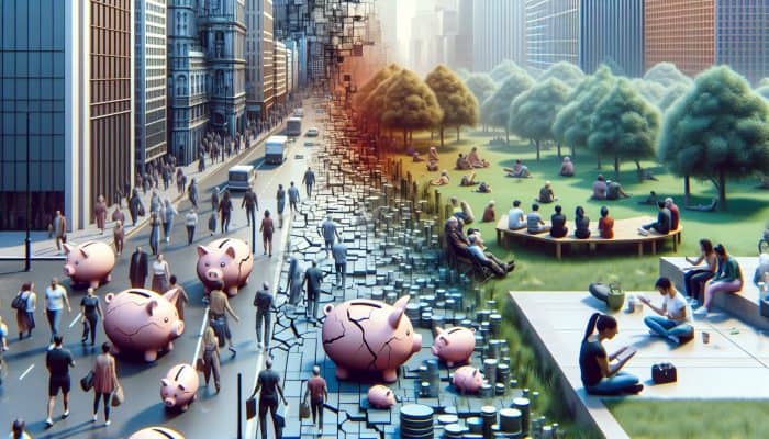 A bustling UK cityscape shows stressed individuals amid cracked piggy banks and crowded streets, contrasted by tranquil parks filled with mindfulness and community activities.