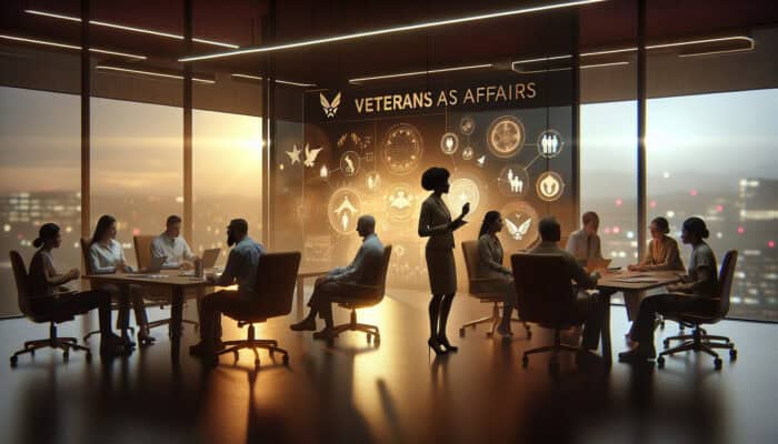 A diverse team in a modern VA office gathers around a table, with a mentor discussing charts under warm lighting, fostering innovation and leadership.