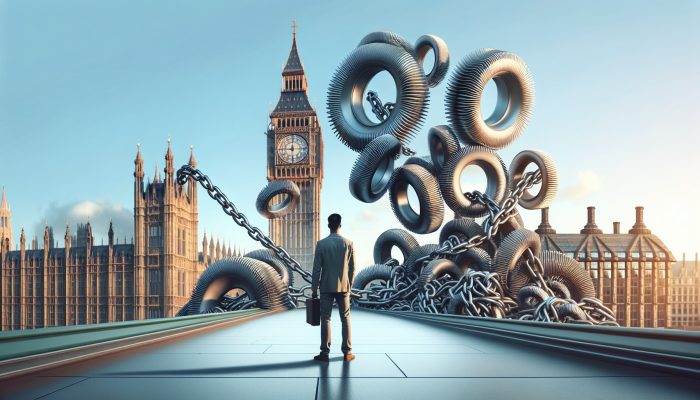 Illustration: A person in London near Big Ben watches tangled debt chains merge into a single gear, symbolizing UK financial relief.