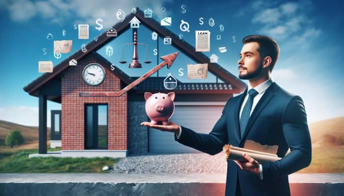 Debt Consolidation for Home Repair Loans: Essential Tips | DCL UK homeowner relieved in front of repaired brick house, holding loan document and piggy bank, with floating graphs of reduced interest rates.