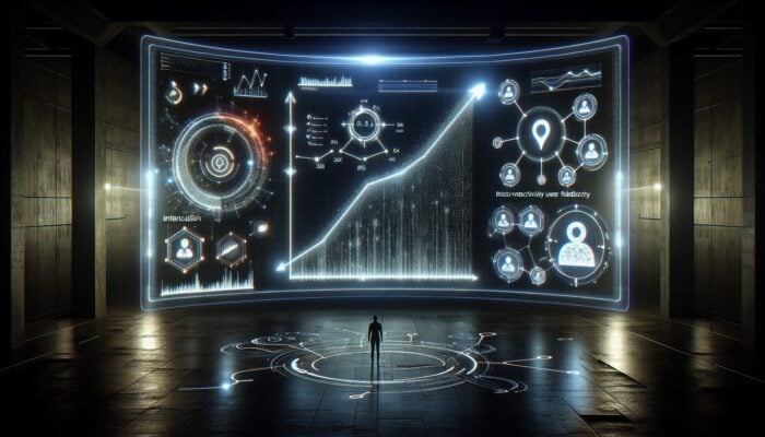 A futuristic digital dashboard showcasing rising dwell time graphs, decreasing bounce rates, interconnected backlinks, and glowing user review icons for E-E-A-T analysis.