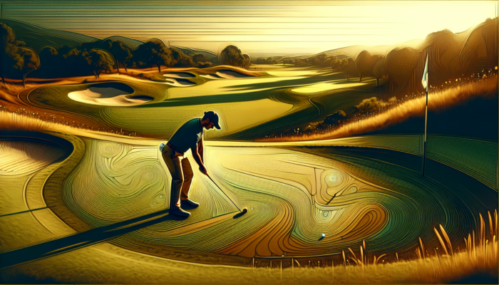 Professional golfer practicing putting on Shadow Creek's fast, undulating green under golden sunlight, with lush fairways and hills.