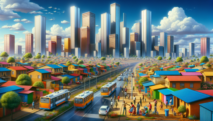 Soweto street scene: modern high-rises beside colorful traditional homes, buses and trains moving, families in a park, showing urban revitalization.