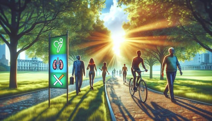 Vibrant UK park scene: diverse people walking and cycling, NHS banners promoting exercise and smoking cessation for kidney health.
