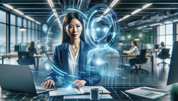 A focused business executive in a modern London office, with a virtual assistant managing schedules on a laptop, symbolising efficiency.