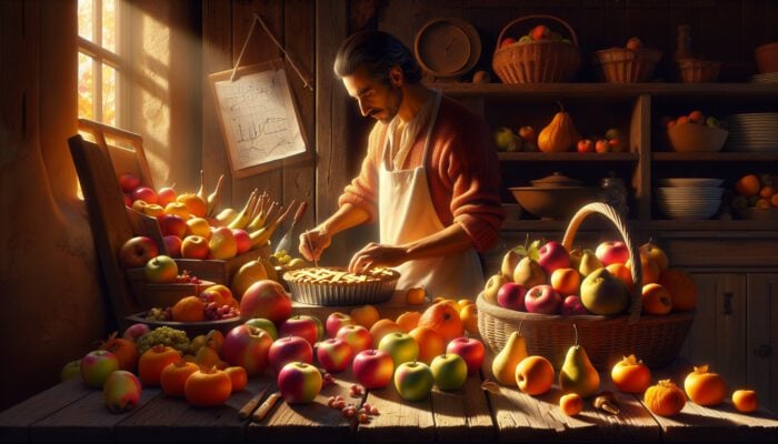 A baker selects fresh seasonal fruits: Granny Smith apples, Fuji apples, pears, persimmons, and quinces on a sunlit wooden table.