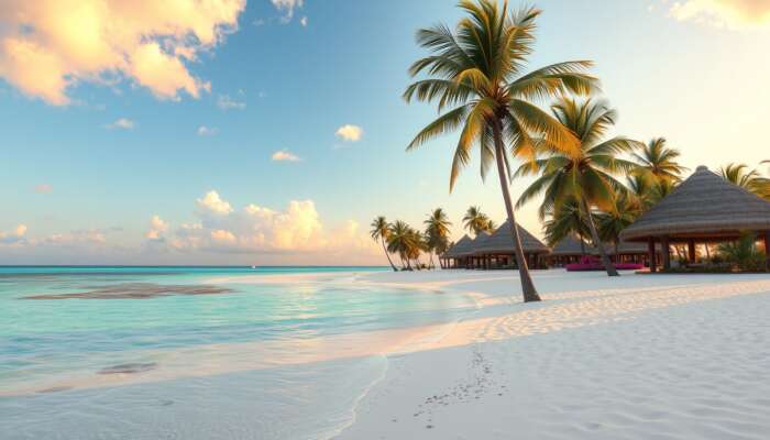 Serene Belize beach with turquoise waters, palm trees, an all-inclusive resort, thatched-roof cabanas, and a vibrant sunset.