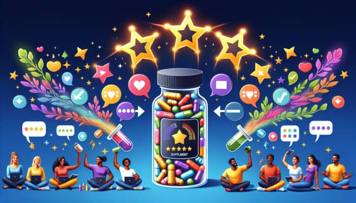 Digital representation of feedback stars and speech bubbles transforming a standard e-commerce site into a vibrant supplement platform featuring colorful vitamins and interactive charts.