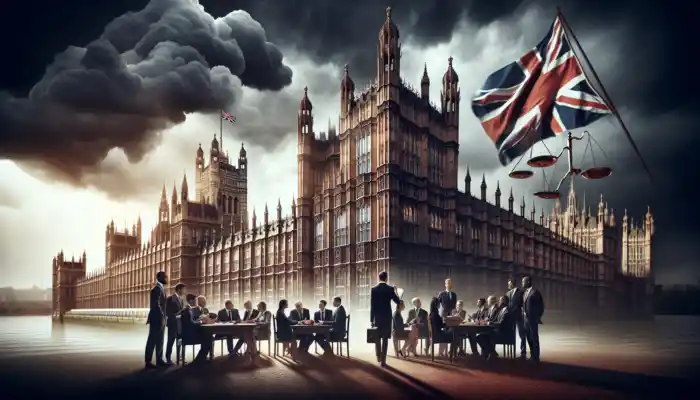 Illustration of the Houses of Parliament under a dramatic sky, featuring a fluttering Union Jack, an open law book, scales of justice, and debating professionals.