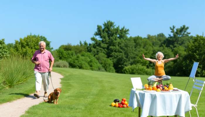 Elderly couple enjoying wellness activities outdoors, with one walking a dog, another practicing yoga, and a table of fresh fruits and vegetables, set against a backdrop of lush greenery and blue sky.