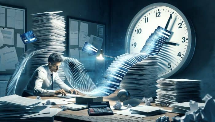 Focused individual at cluttered desk with documents and ticking clock, symbolizing the timeframe for UK debt consolidation.