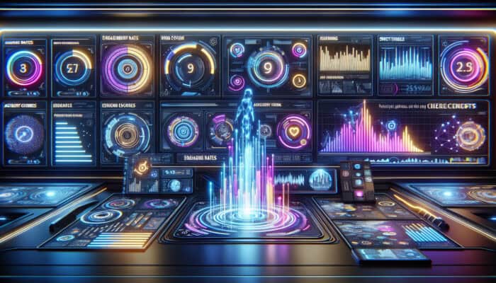 Futuristic digital dashboard displaying graphs of rising engagement rates, accuracy scores, and resolution times for AI chatbots with holographic elements.