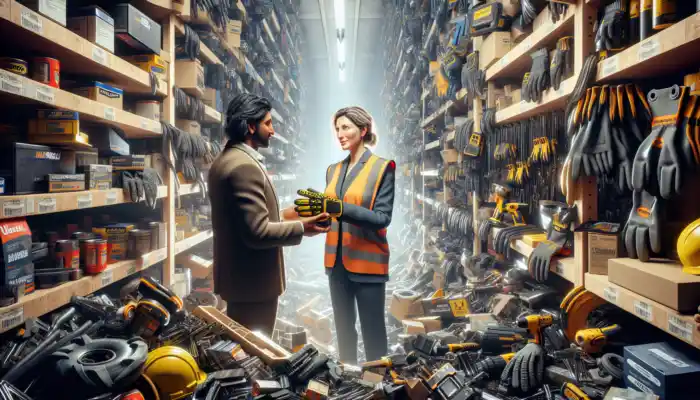 A professional advisor showcases safety gloves in a cluttered Leighton Buzzard hardware store, surrounded by tools and gear.
