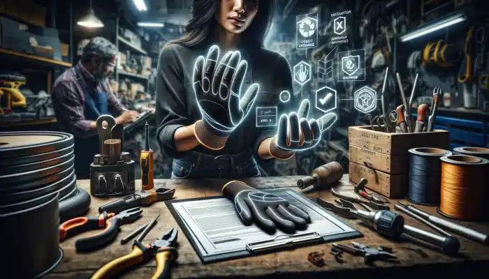 A professional inspects high-quality safety gloves in a busy industrial workshop, showcasing UK standards and durability among tools.