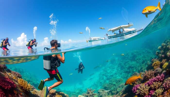 Underwater scene at the Great Blue Hole featuring diverse marine life, local divers engaging in conservation efforts, colorful coral reefs, and elements of Belizean culture like traditional boats and artifacts.