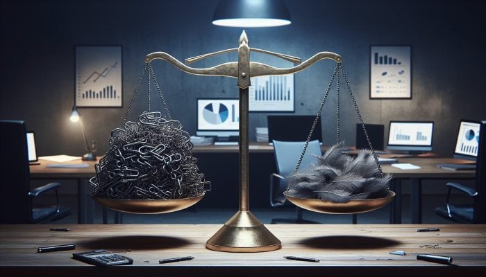 A balanced scale in a UK office, one side with tangled debt chains and risks, the other with a loan document symbolizing relief and lower rates.