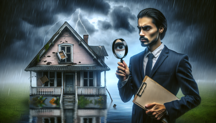 Homebuyer inspects old house with magnifying glass, revealing cracks and flood signs under stormy sky, symbolizing property risks.