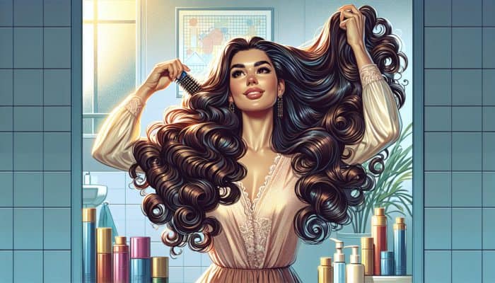 Confident woman in a sunny bathroom applying volumising products to her long hair while curling sections for voluminous XXL curls.