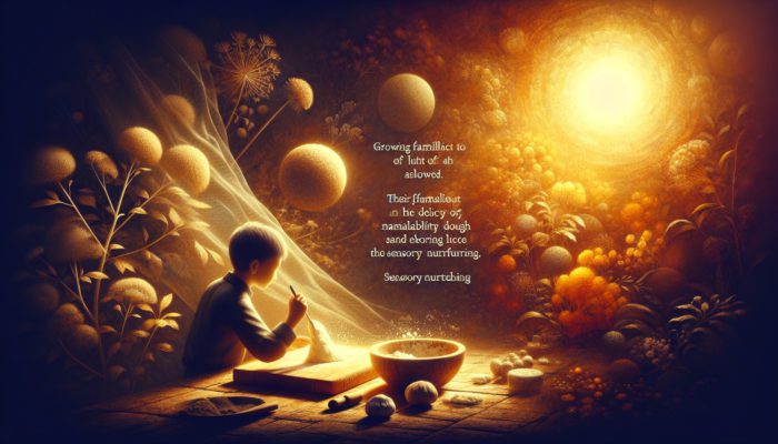 A person in a sunlit kitchen caressing fabrics, kneading dough, and touching wood, evoking sensory nurturing in warm, vibrant colours.