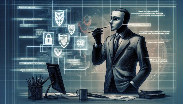 A shadowy businessman in a dim London office wears masks, manipulating screens with fake contracts and flickering untraceable websites.