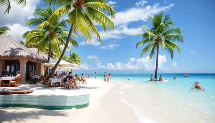 A vibrant all-inclusive resort scene depicting guests enjoying beach activities, dining, and spa treatments, with hints of hidden costs like premium menus and excursion brochures in the background.