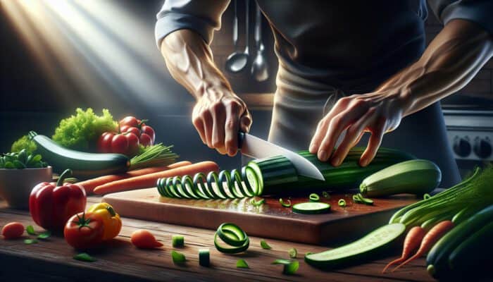 A chef spiral cuts a cucumber in a sunlit kitchen, using various grips and pressures, surrounded by colorful vegetables on a wooden board.