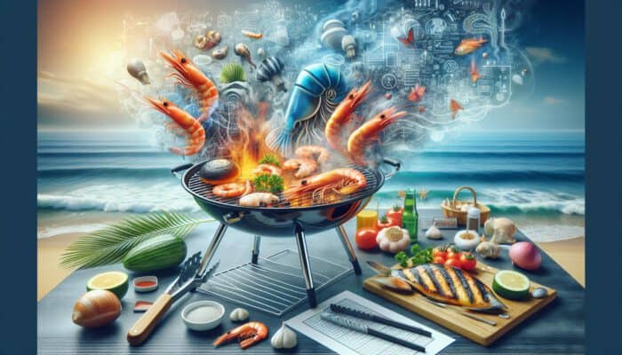 Outdoor grilling scene featuring fresh shrimp and fish on a charcoal grill, utilising tongs, a fish basket, and a basting brush amid smoke and ocean waves.