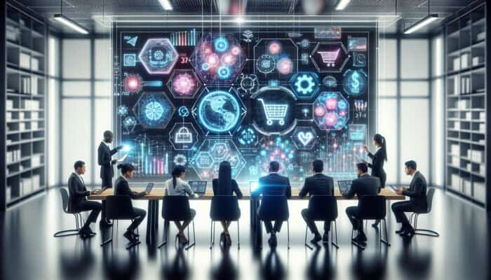 Experts in a modern lab analysing holographic charts, graphs, and e-commerce icons like shopping carts for retail growth strategies.