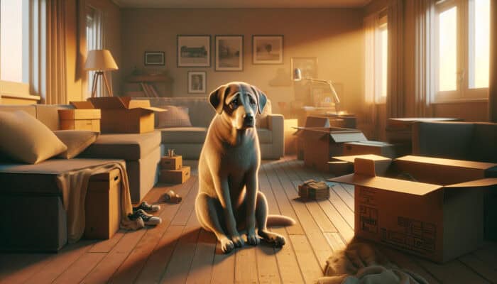 Handling Separation Anxiety in Pets: A forlorn dog sits alone in a half-unpacked living room, surrounded by moving boxes and photos, looking anxious under warm light.