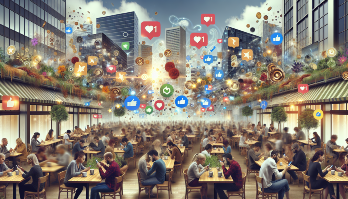A bustling café scene with customers using smartphones for social media, surrounded by floating icons of likes, shares, and comments, showing enhanced business engagement.