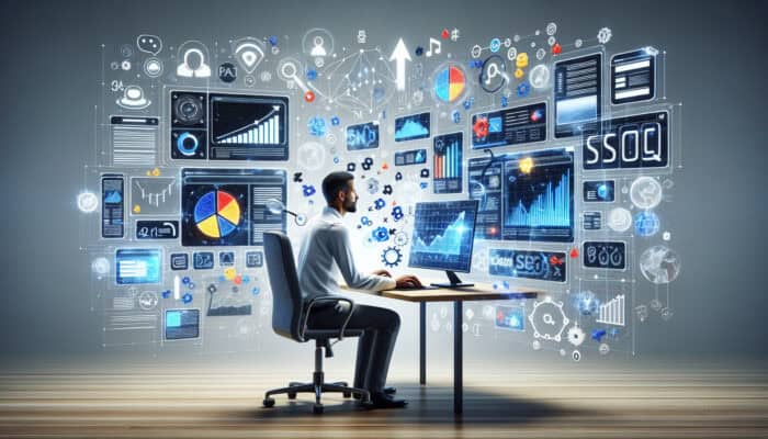 Focused SEO expert optimising landing page on multi-screens, surrounded by floating keywords, analytics graphs, search icons, and upward arrows.