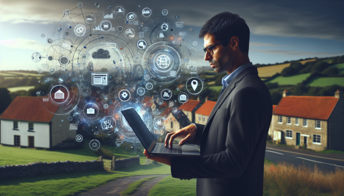 Entrepreneur in South Petherton village analysing keywords on laptop with floating search icons, metadata tags, and local maps for SEO.