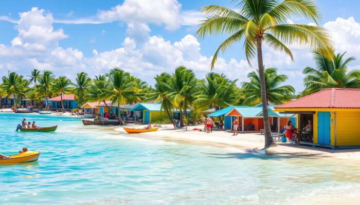 Tropical beach scene in San Pedro, Belize, featuring colourful beach huts, palm trees, turquoise waters, and people enjoying water sports and local cuisine.