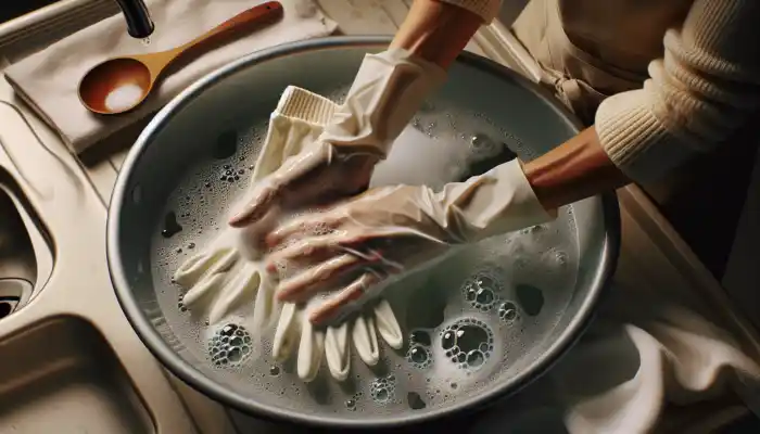 A close-up of hands washing white cotton gloves in soapy water in a bright kitchen, with gloves air-drying on a towel in a ventilated room.