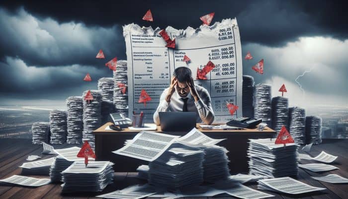 A stressed person at a cluttered desk reviews a low-score credit report amid stacks of bills and denial letters under a stormy sky.