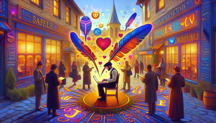 Copywriting in Beaminster for Small Business: Illustration of a copywriter in Beaminster's historic street, surrounded by quill pens, glowing SEO keywords, heart symbols, and engaged local customers on a laptop.